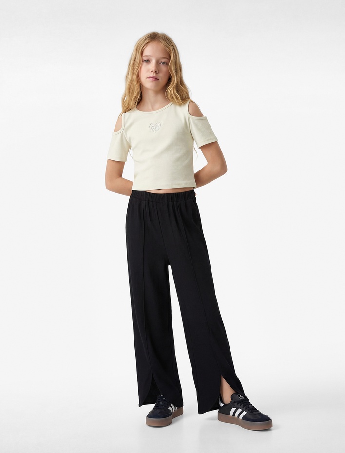 Kız Çocuk Beli Lastikli Yırtmaç Detaylı Dokulu Geniş Paça Pantolon