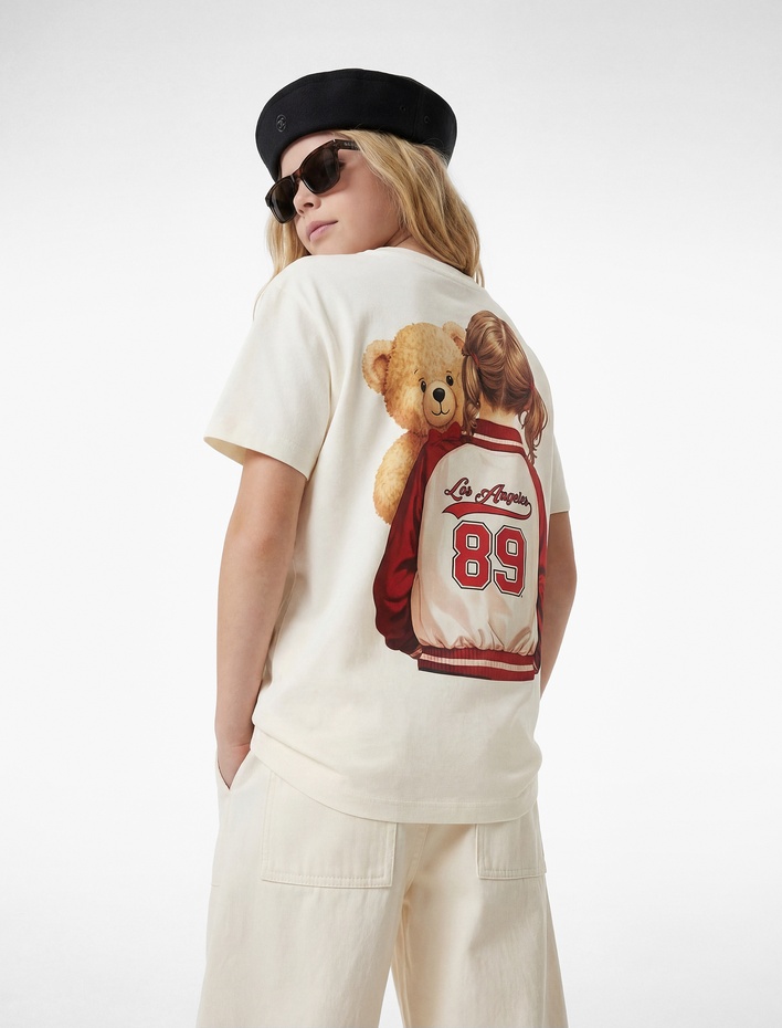 Kız Çocuk Ayıcık Baskılı Bisiklet Yaka Kısa Kollu Pamuklu Tişört