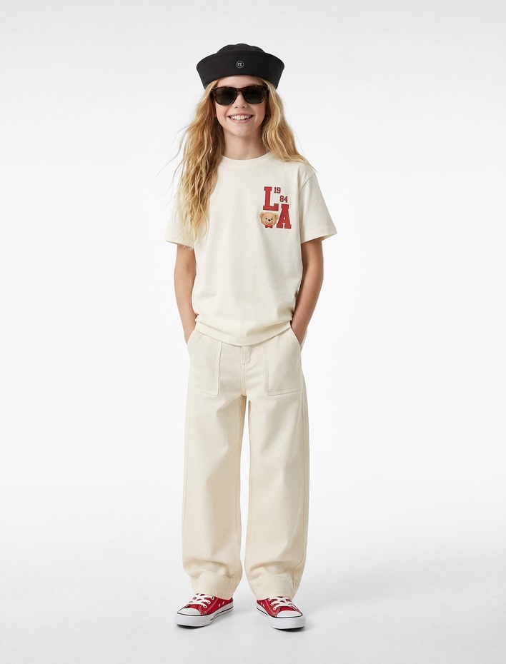 Kız Çocuk Ayıcık Baskılı Bisiklet Yaka Kısa Kollu Pamuklu Tişört