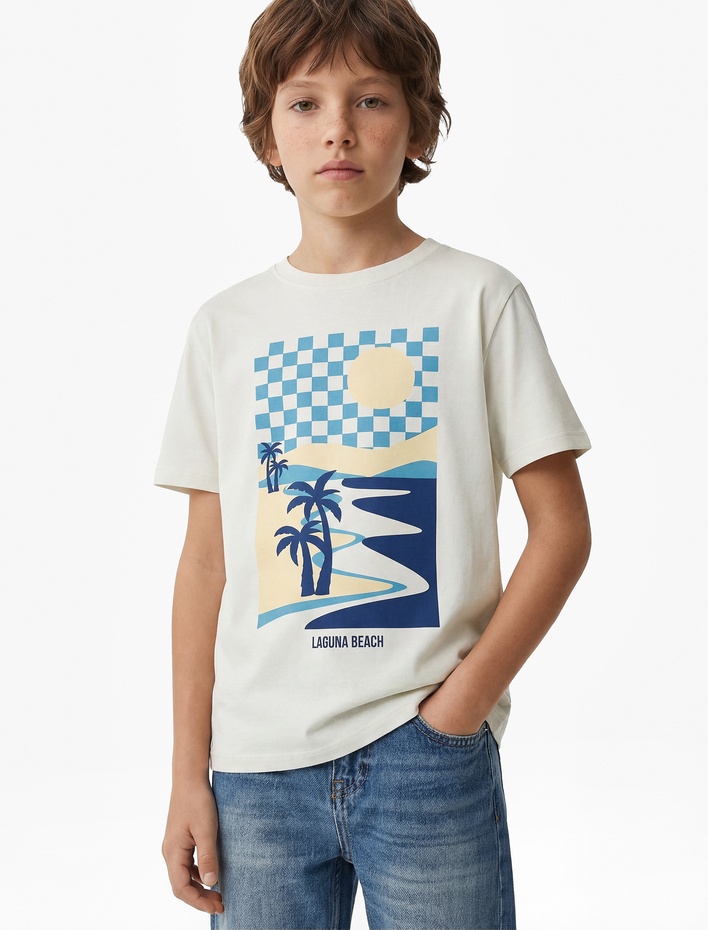 Erkek Çocuk Pamuklu Kısa Kollu Bisiklet Yaka Baskılı Tişört