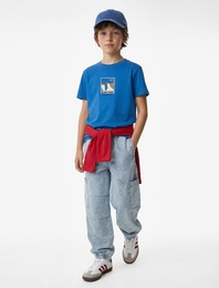 Baskılı Kısa Kollu Bisiklet Yaka Pamuklu Tişört