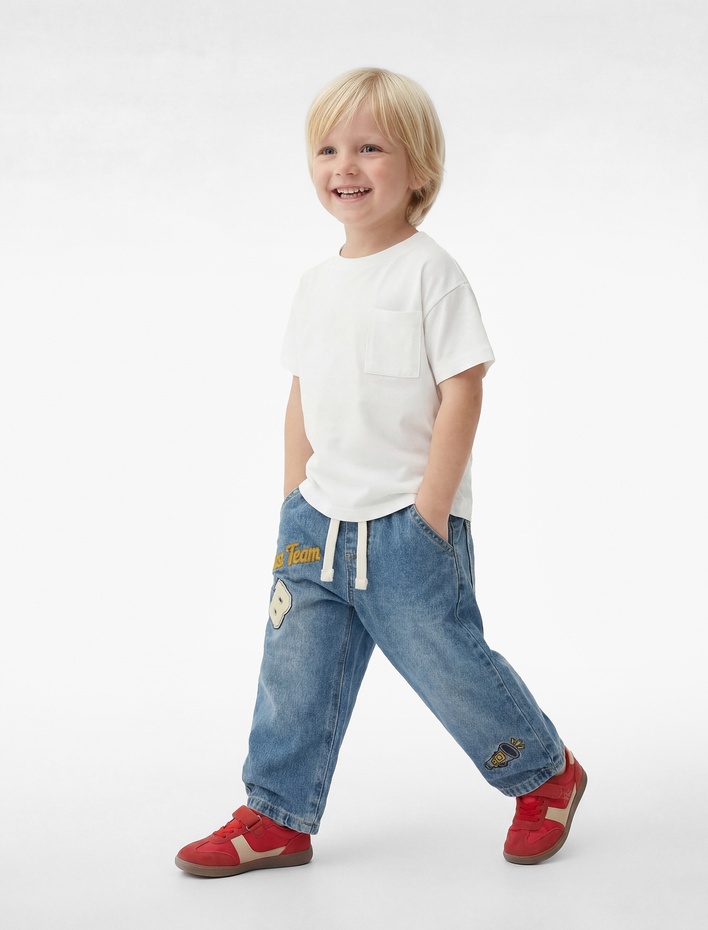 Erkek Bebek Pamuklu Cepli Kısa Kollu Bisiklet Yaka Basic Tişört