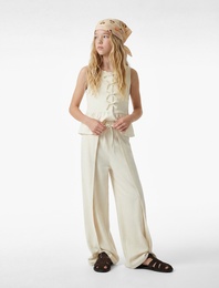 Keten ve Viskon Karışımlı Beli Bağcıklı Geniş Paça Pantolon