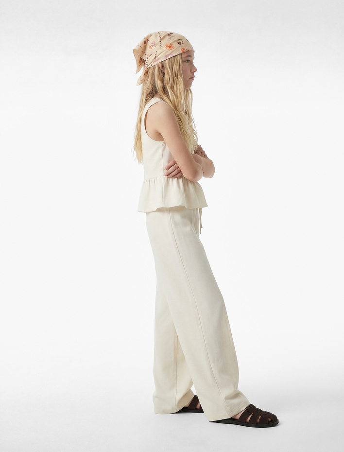 Kız Çocuk Keten ve Viskon Karışımlı Beli Bağcıklı Geniş Paça Pantolon