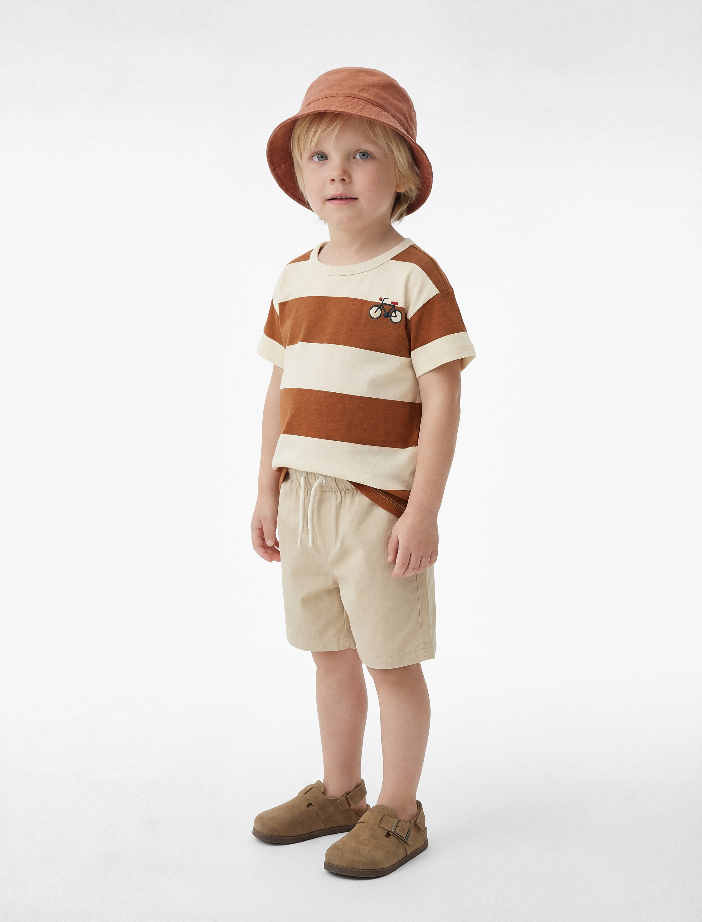  Erkek Bebek Bisiklet Baskılı Kısa Kollu Bisiklet Yaka Pamuklu Çizgili Tişört