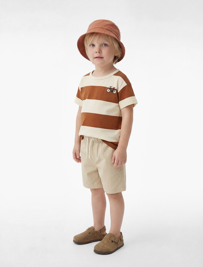 Erkek Bebek Bisiklet Baskılı Kısa Kollu Bisiklet Yaka Pamuklu Çizgili Tişört