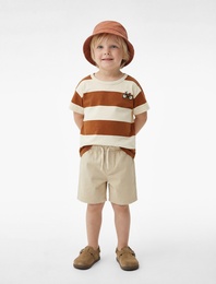 Bisiklet Baskılı Kısa Kollu Bisiklet Yaka Pamuklu Çizgili Tişört