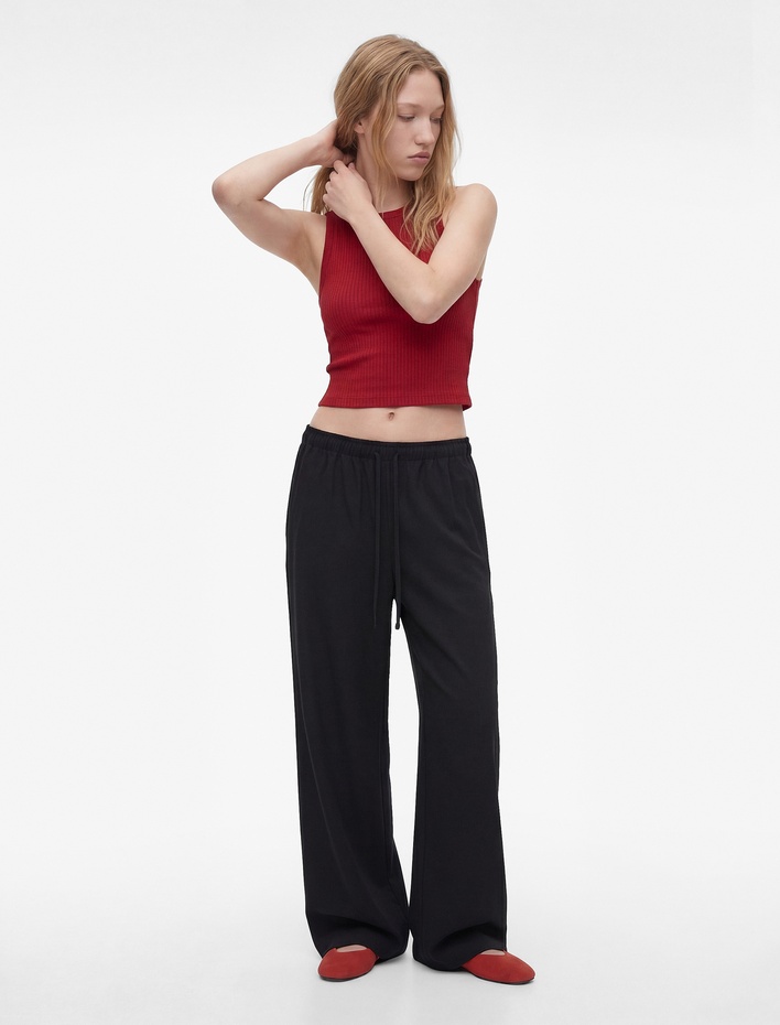  Rahat Kalıp Beli Bağcıklı Viskon Geniş Paça Pantolon