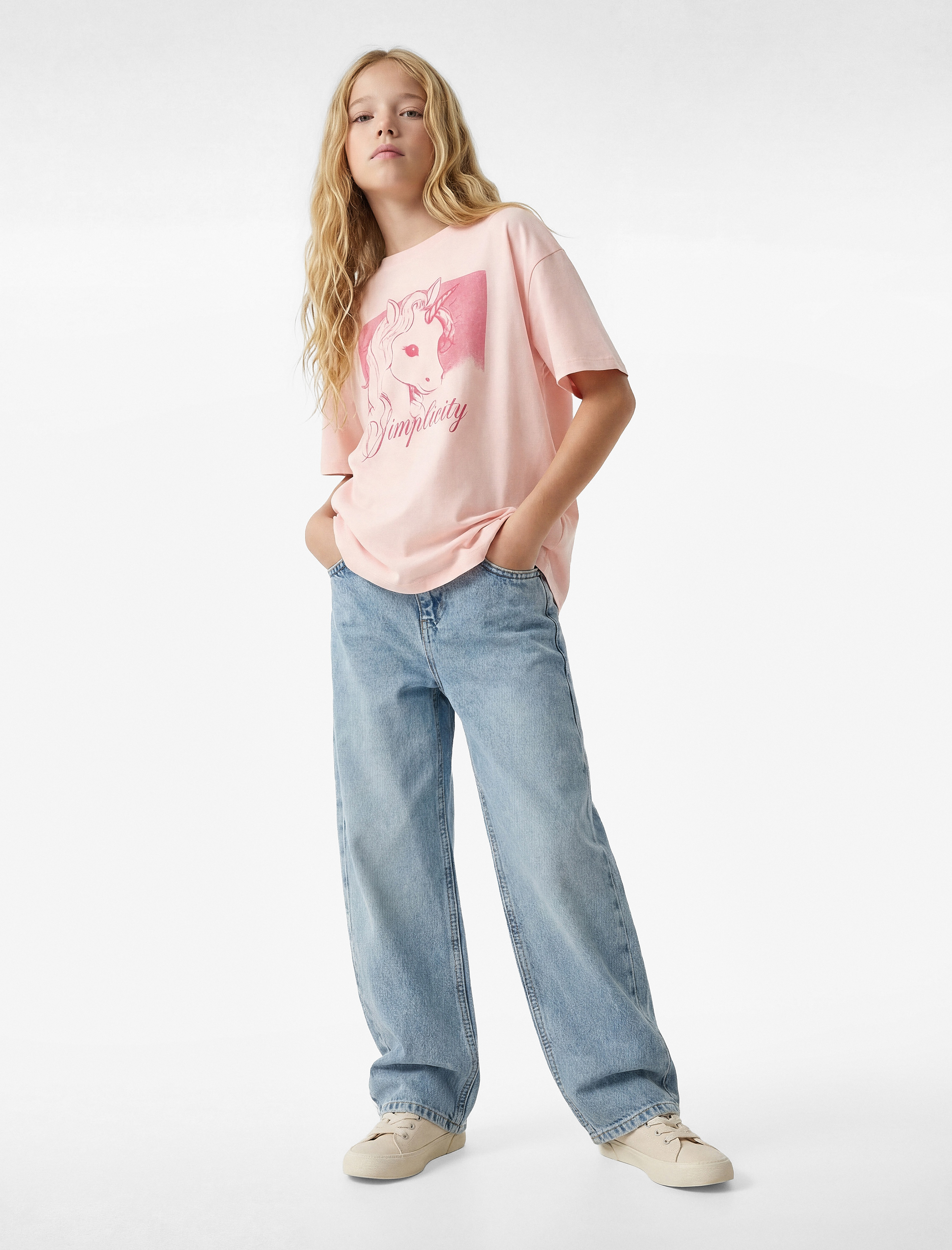  Kız Çocuk Pamuklu Bisiklet Yaka Unicorn Baskılı Kısa Kollu Tişört