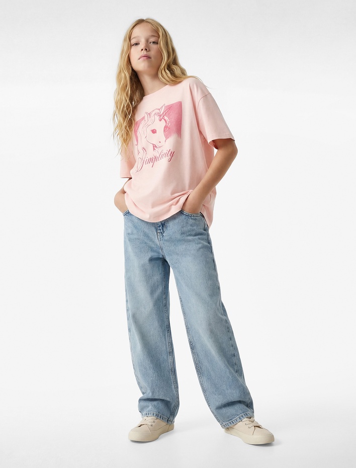 Kız Çocuk Pamuklu Bisiklet Yaka Unicorn Baskılı Kısa Kollu Tişört