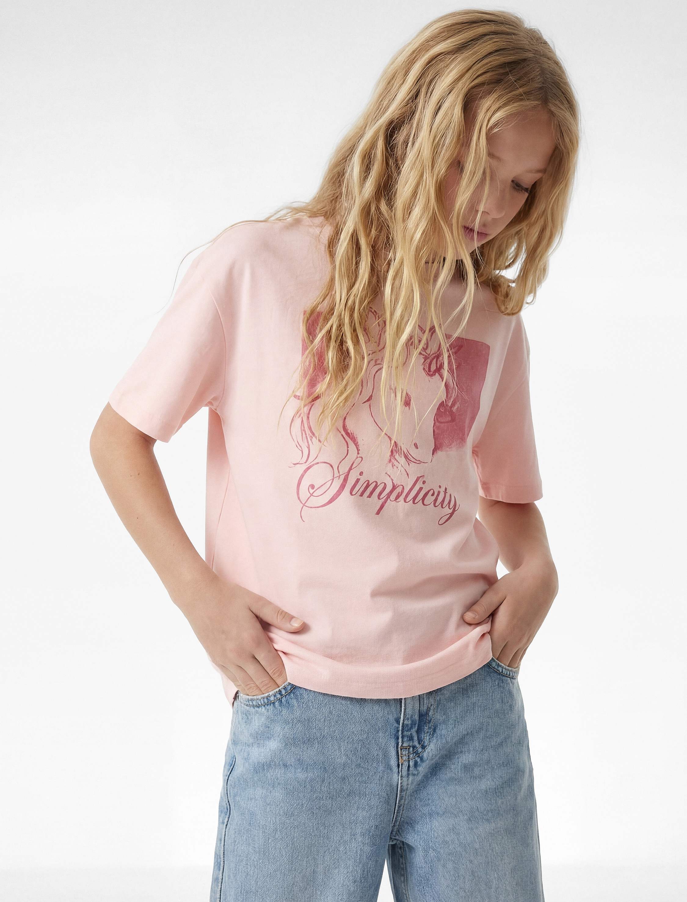  Kız Çocuk Pamuklu Bisiklet Yaka Unicorn Baskılı Kısa Kollu Tişört