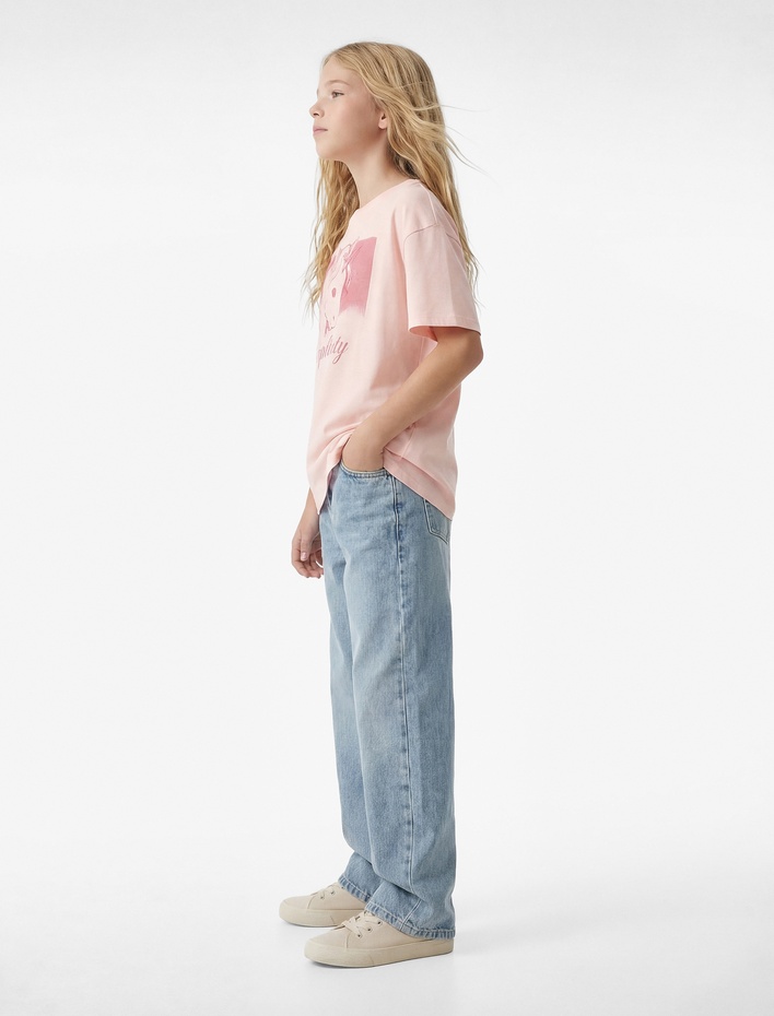 Kız Çocuk Pamuklu Bisiklet Yaka Unicorn Baskılı Kısa Kollu Tişört