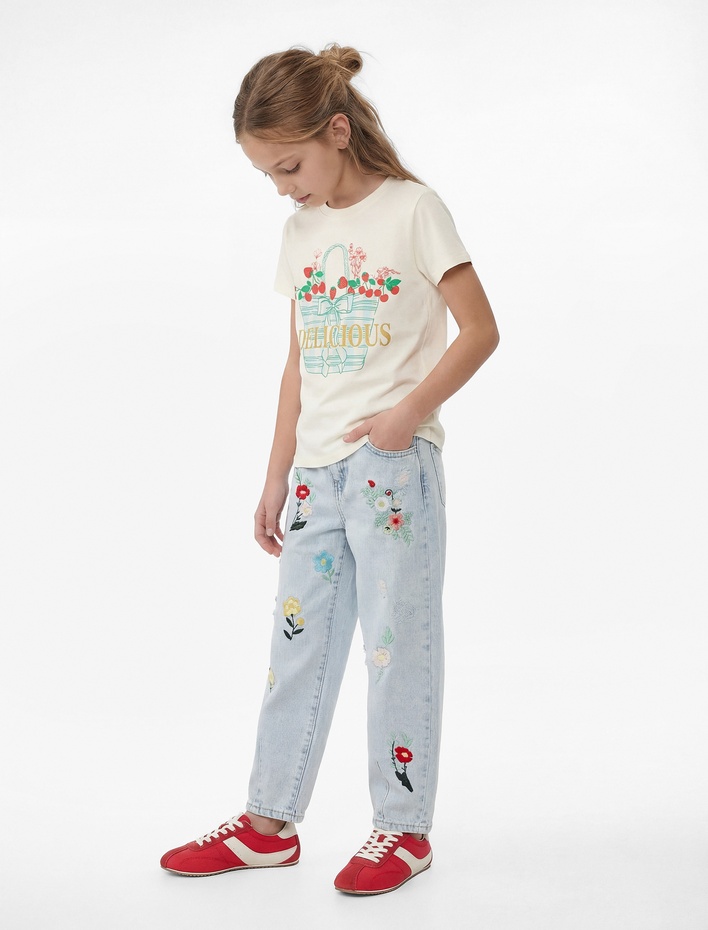 Kız Çocuk Pamuklu Bisiklet Yaka Simli Baskılı Kısa Kollu Tişört