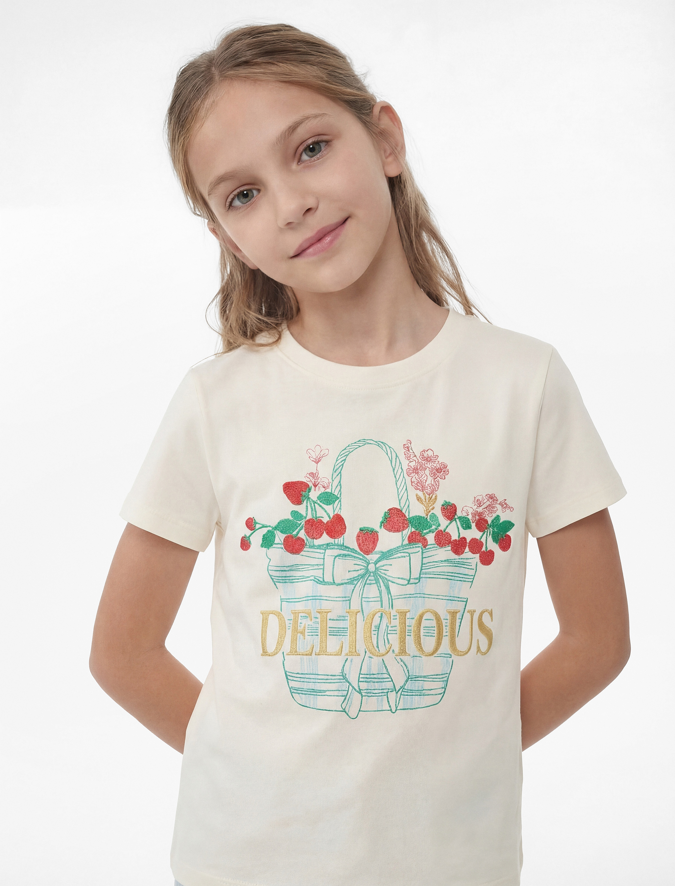  Kız Çocuk Pamuklu Bisiklet Yaka Simli Baskılı Kısa Kollu Tişört