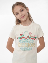 Pamuklu Bisiklet Yaka Simli Baskılı Kısa Kollu Tişört