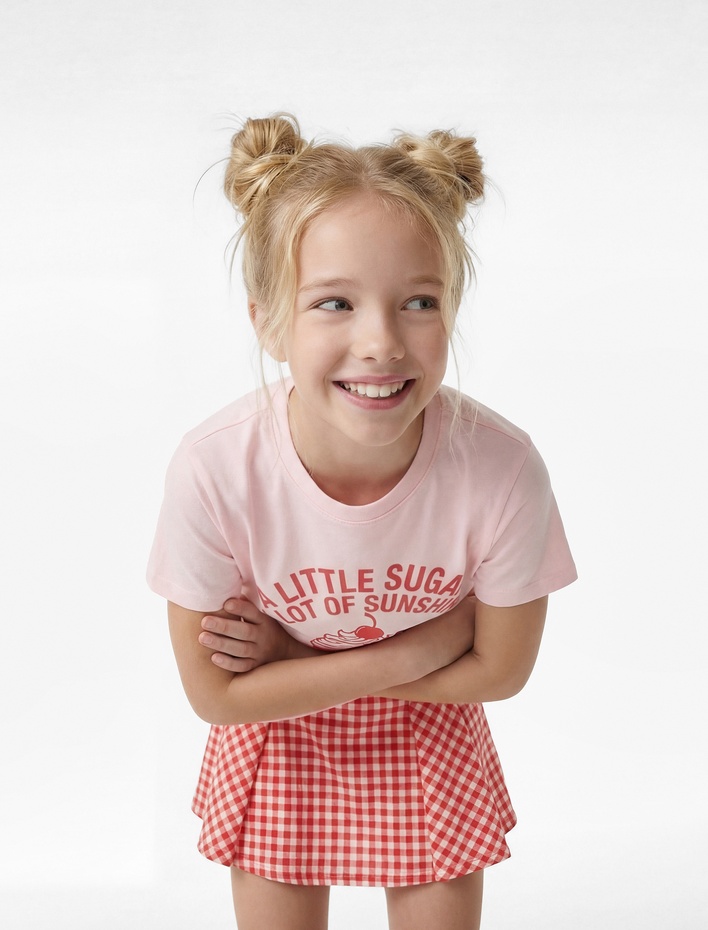 Kız Çocuk Bisiklet Yaka Kısa Kollu Pamuklu Baskılı Tişört