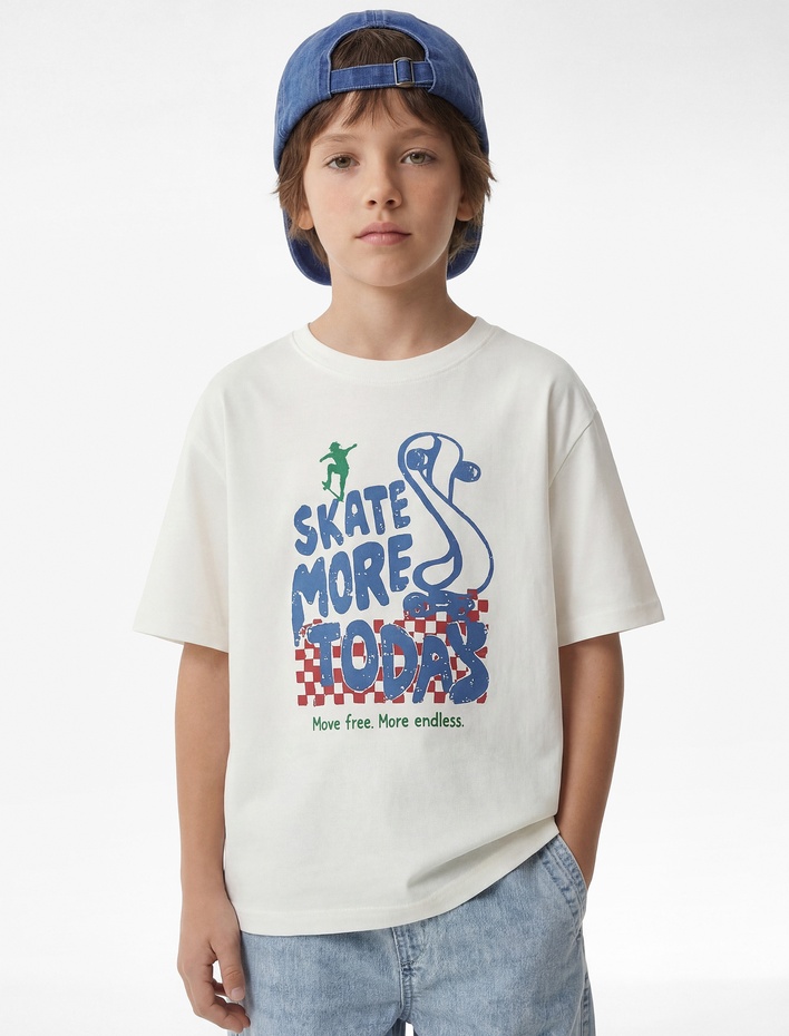 Erkek Çocuk Bisiklet Yaka Kısa Kollu Pamuklu Baskılı Oversize Tişört