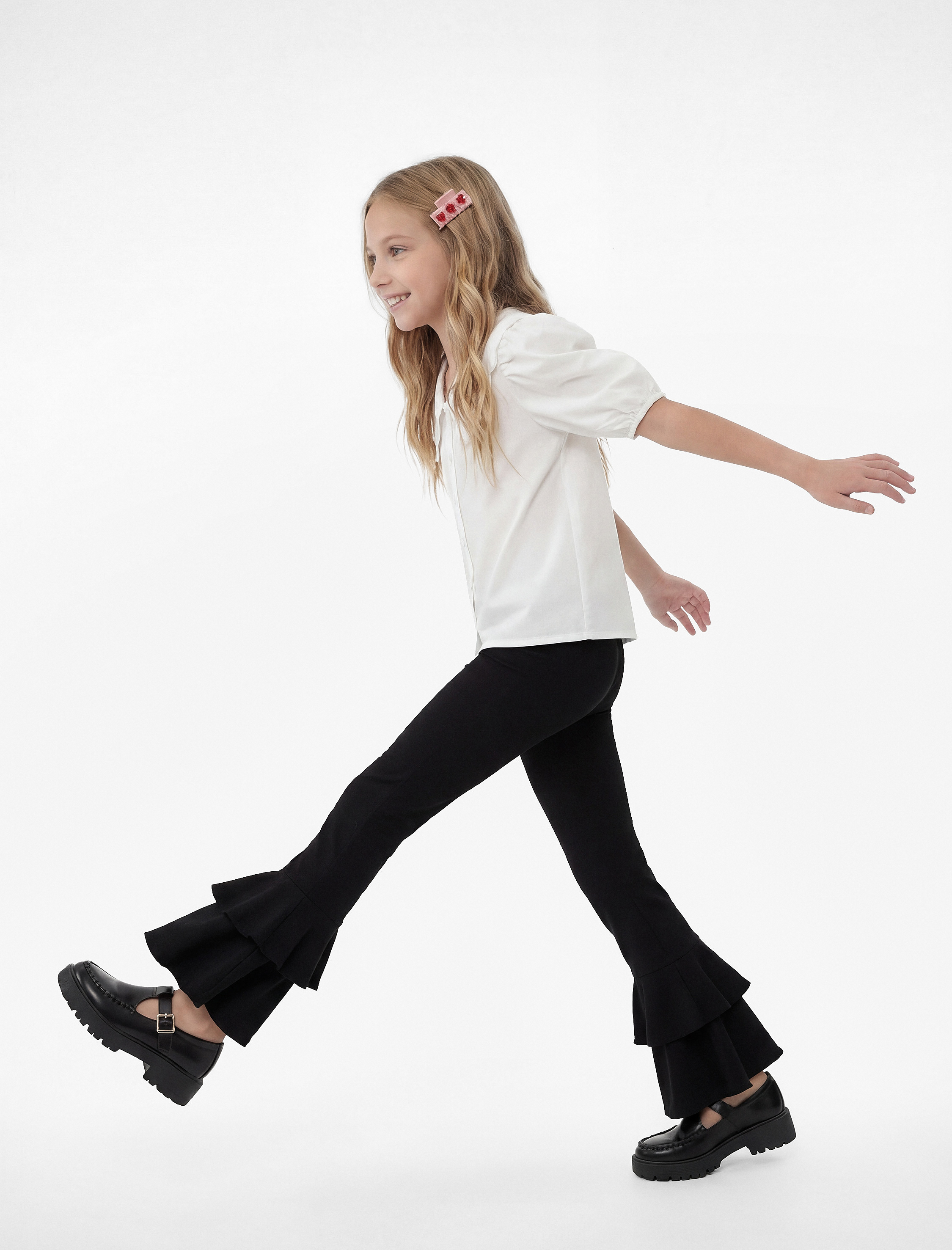  Kız Çocuk Beli Lastikli Fırfır Detaylı İspanyol Paça Pantolon