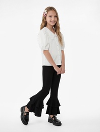 Beli Lastikli Fırfır Detaylı İspanyol Paça Pantolon