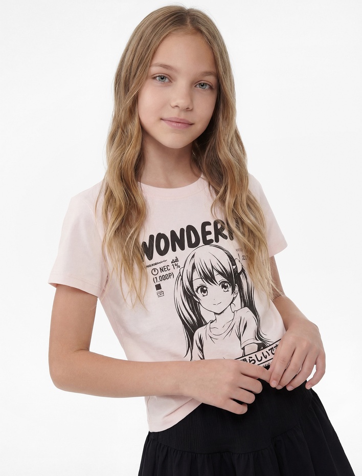 Kız Çocuk Anime Baskılı Kısa Kollu Bisiklet Yaka Pamuklu Tişört