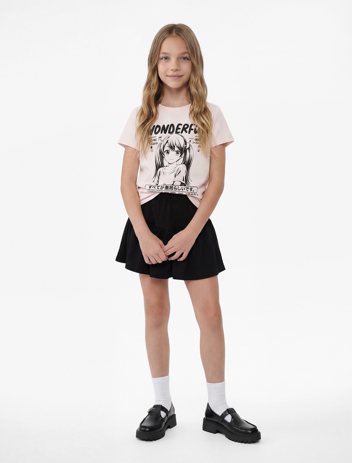 Kız Çocuk Anime Baskılı Kısa Kollu Bisiklet Yaka Pamuklu Tişört