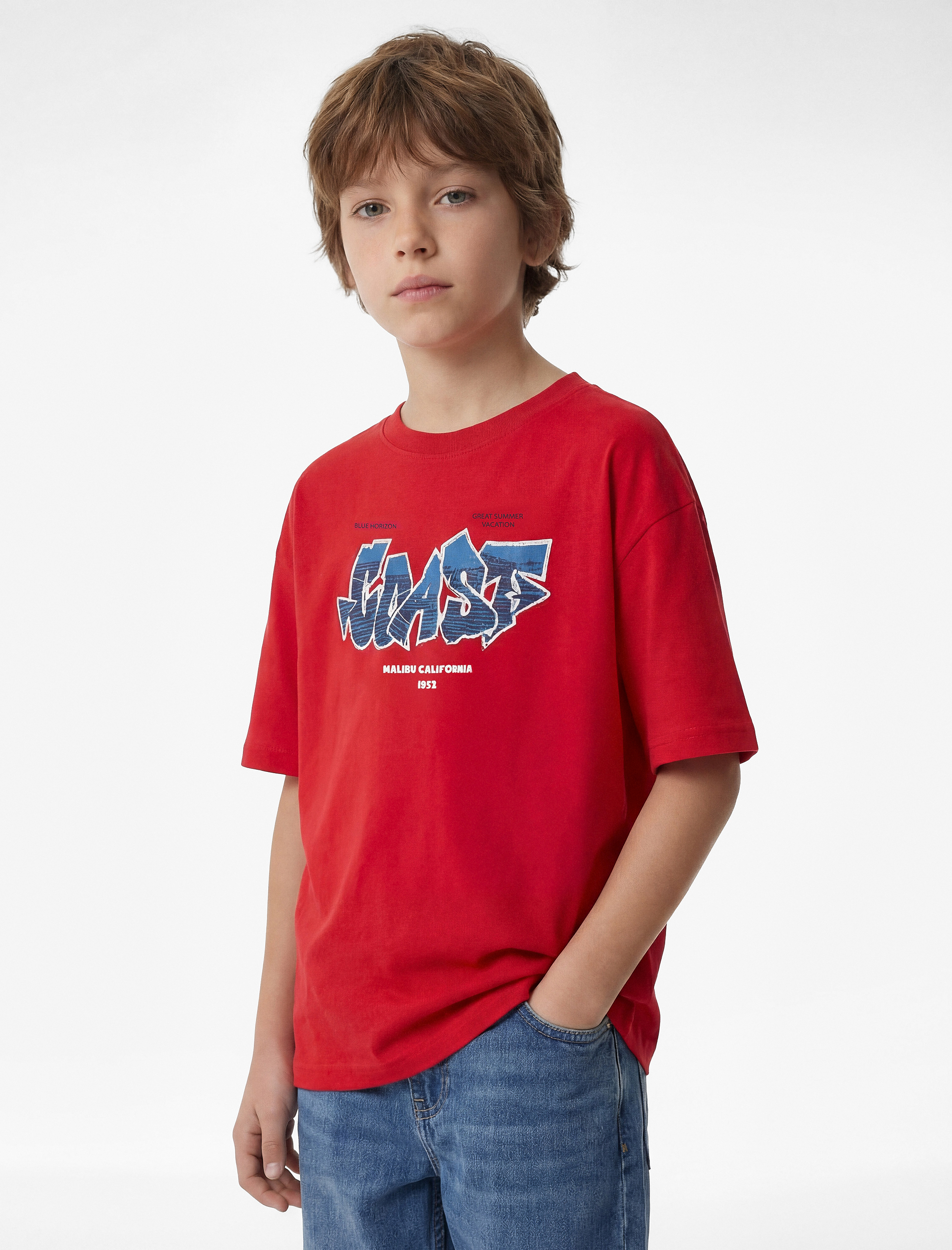  Erkek Çocuk Pamuklu Kısa Kollu Bisiklet Yaka Baskılı Tişört