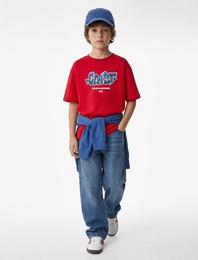 Pamuklu Kısa Kollu Bisiklet Yaka Baskılı Tişört