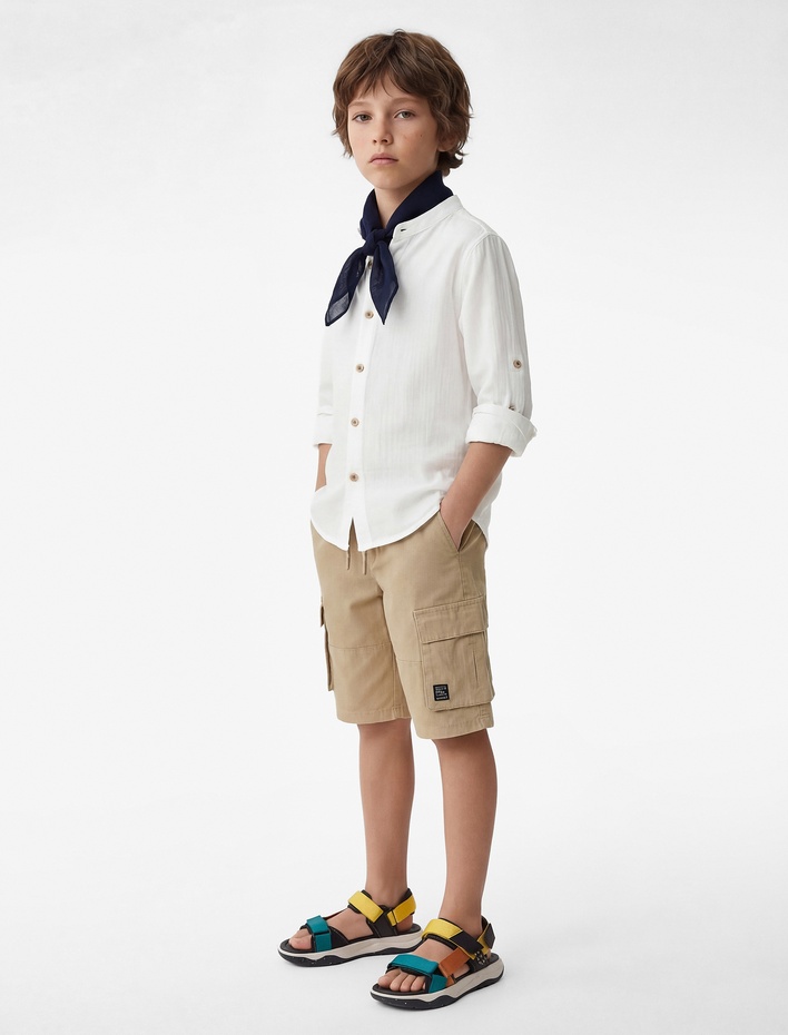 Erkek Çocuk Pamuklu Uzun Kollu Düğmeli Müslin Hakim Yaka Gömlek