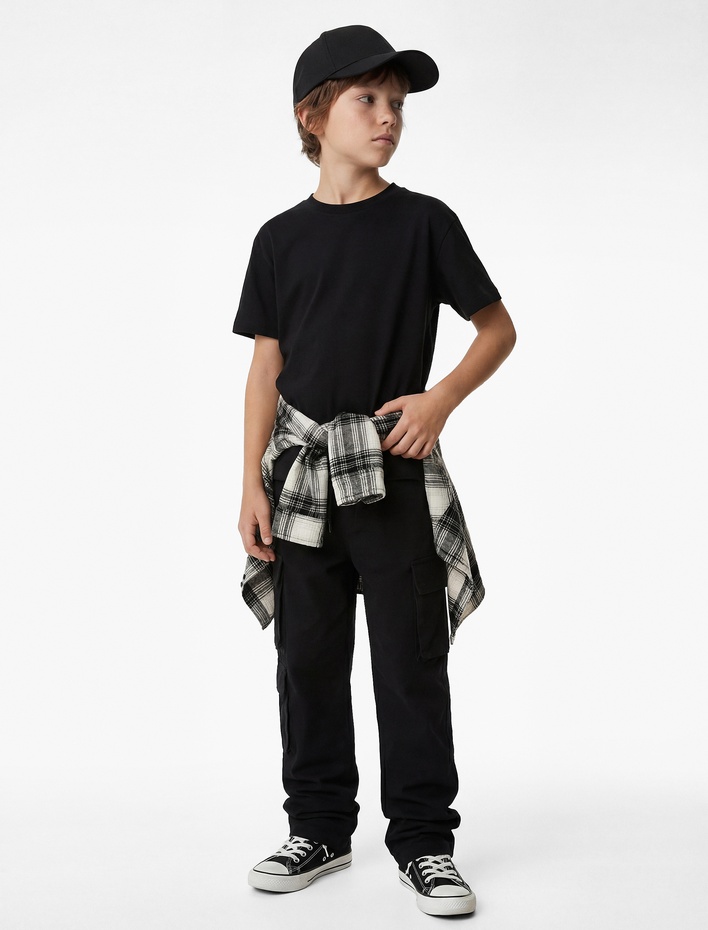 Erkek Çocuk Pamuklu Kısa Kollu Bisiklet Yaka Oversize Basic Tişört