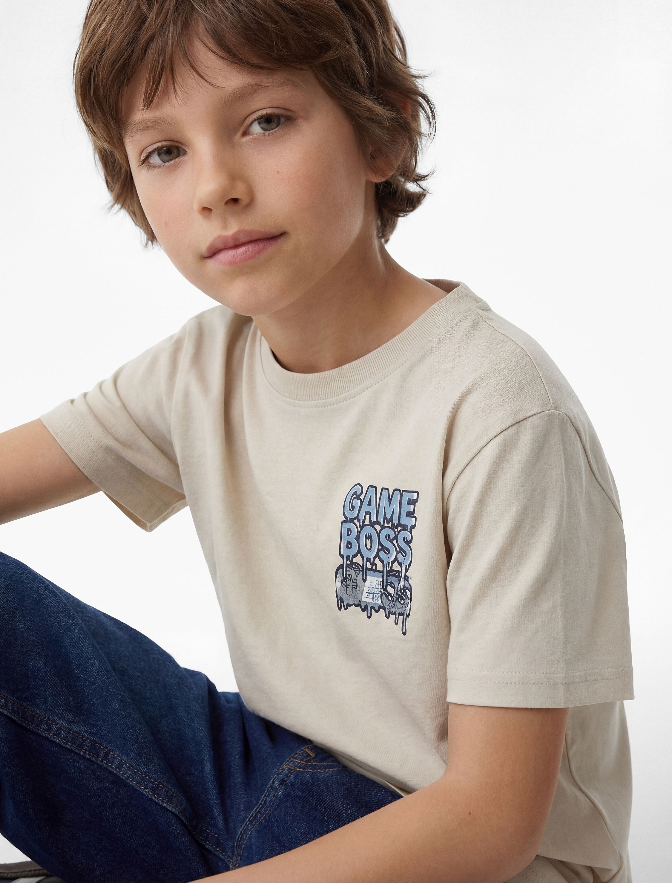  Erkek Çocuk Pamuklu Kısa Kollu Bisiklet Yaka Baskılı Tişört