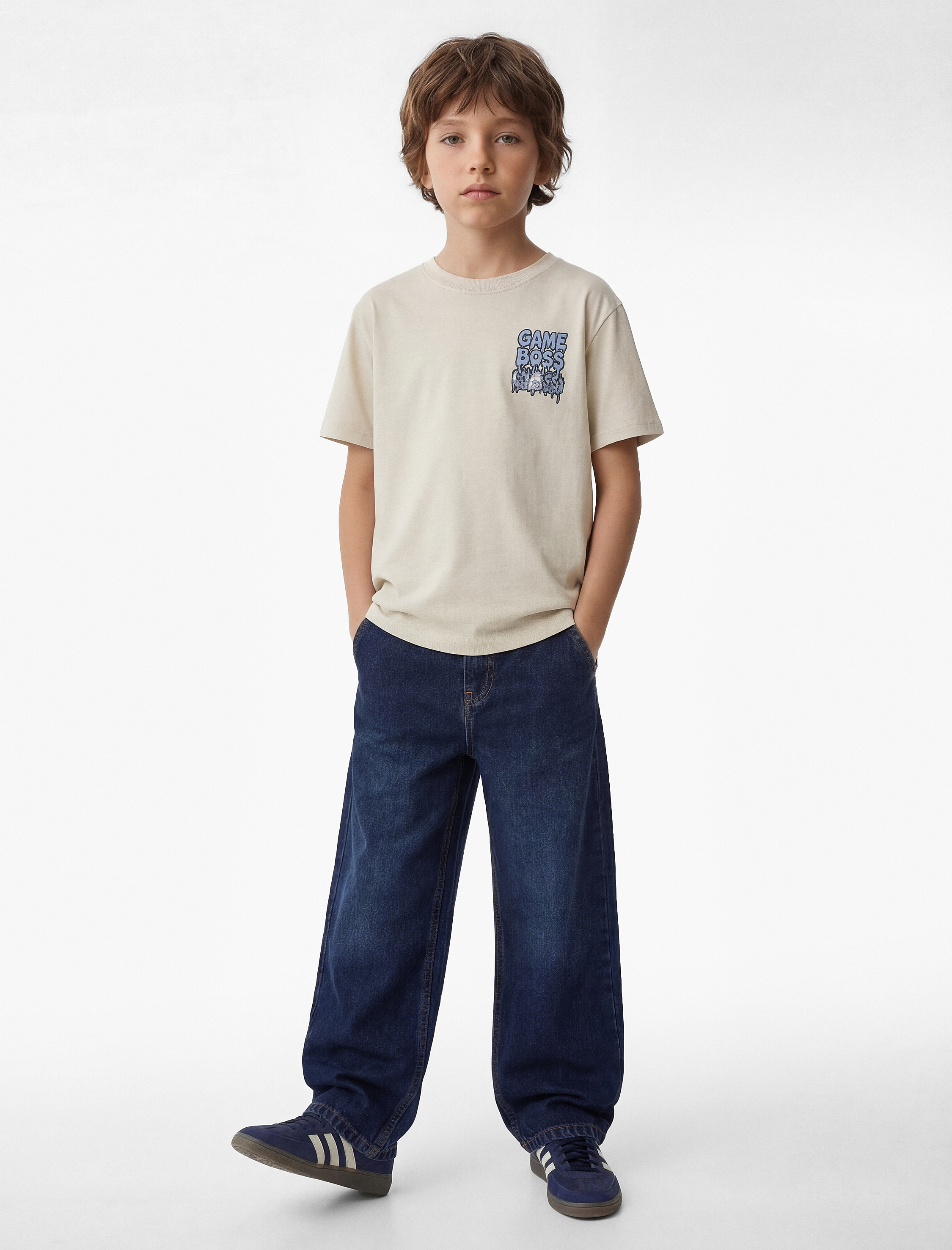  Erkek Çocuk Pamuklu Kısa Kollu Bisiklet Yaka Baskılı Tişört