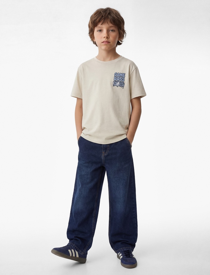 Erkek Çocuk Pamuklu Kısa Kollu Bisiklet Yaka Baskılı Tişört