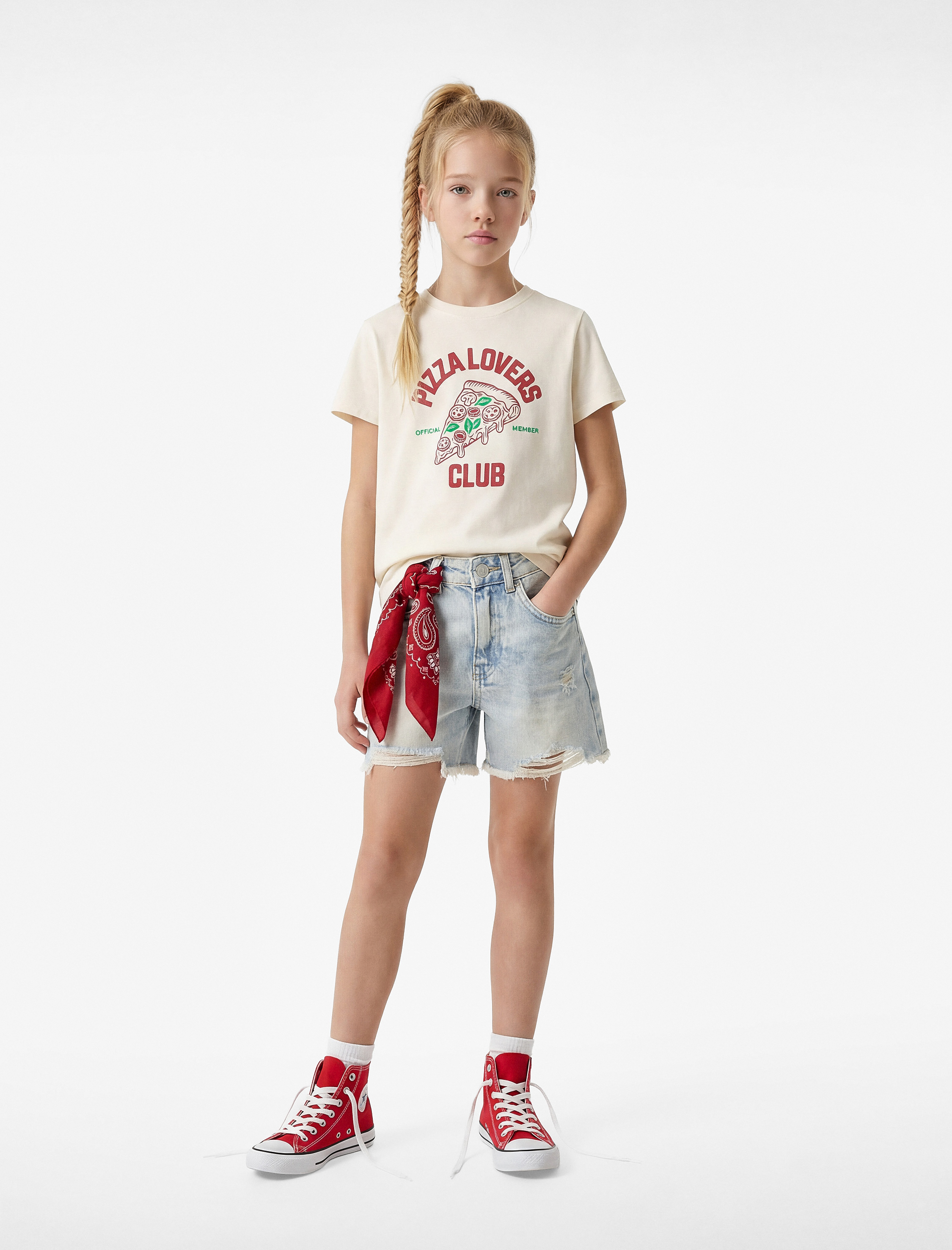  Kız Çocuk Pamuklu Kısa Kollu Bisiklet Yaka Baskılı Tişört