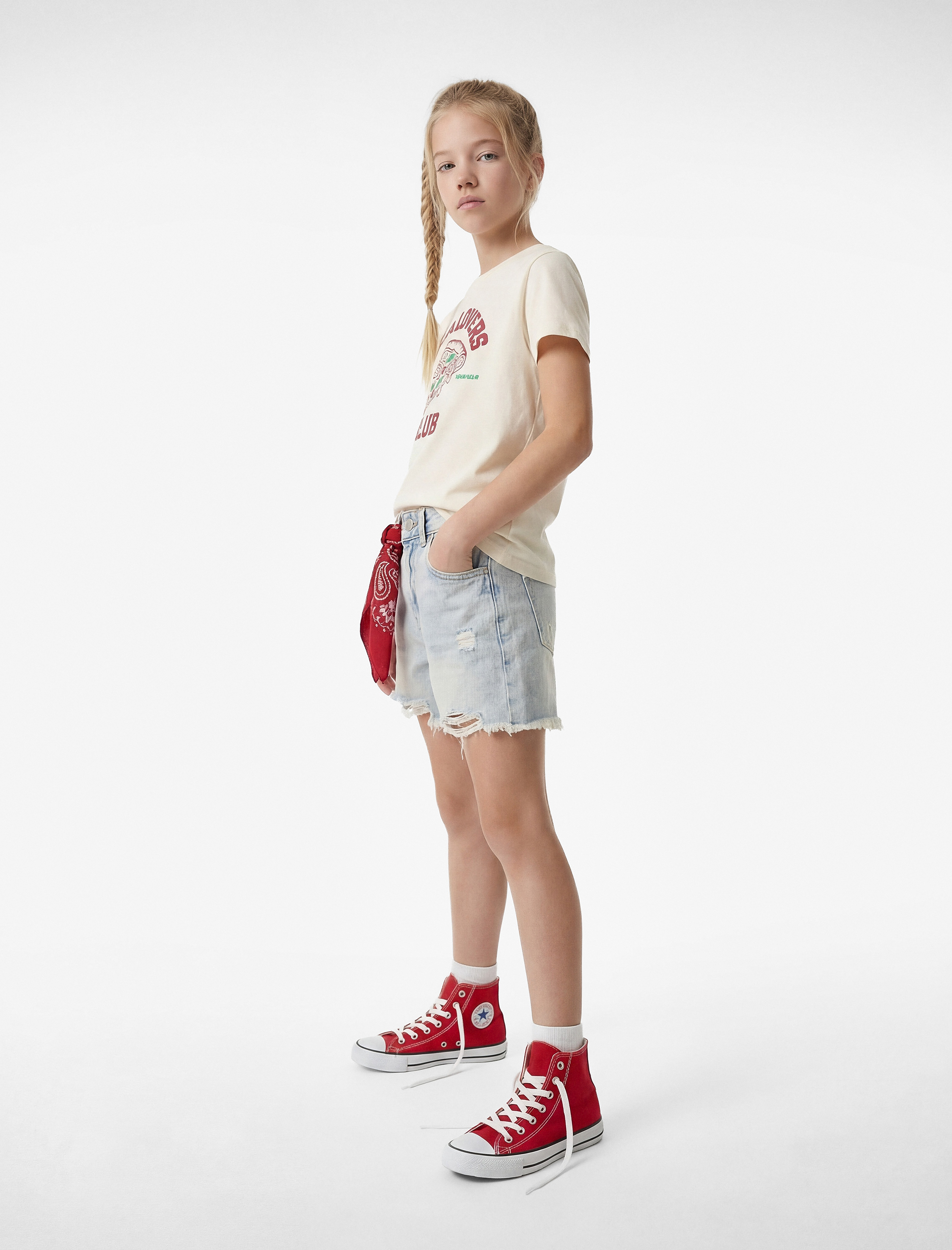  Kız Çocuk Pamuklu Kısa Kollu Bisiklet Yaka Baskılı Tişört