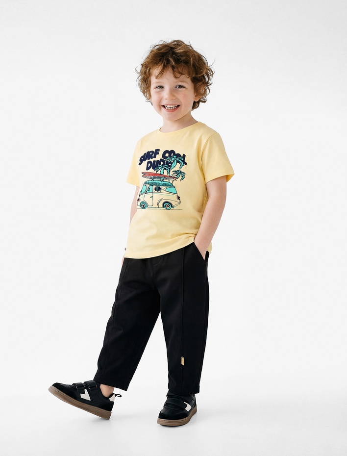 Erkek Bebek Pamuklu Kısa Kollu Bisiklet Yaka Baskılı Tişört