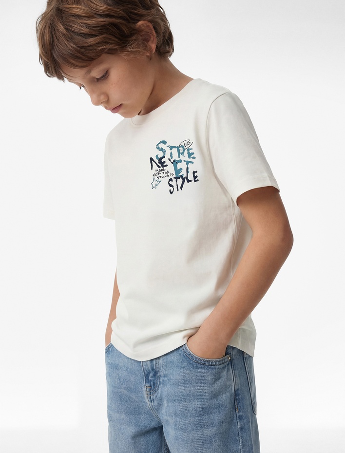 Erkek Çocuk Baskı Detaylı Kısa Kollu Bisiklet Yaka Pamuklu Tişört