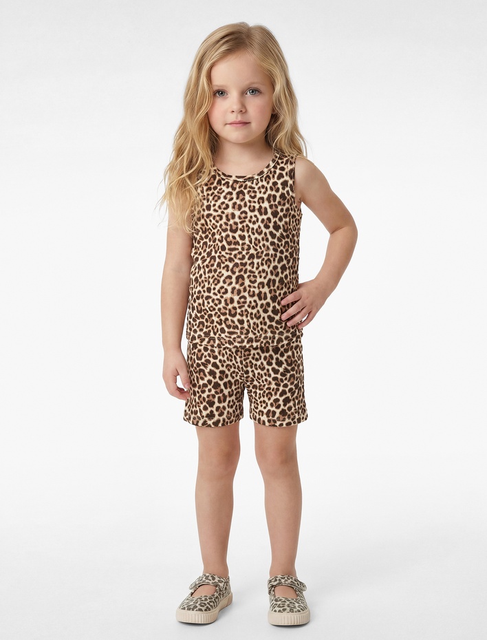 Kız Bebek Leopar Desenli Ribanalı Bisiklet Yaka Pamuklu Tulum