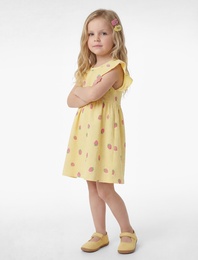 Kısa Kollu Bisiklet Yaka Çilek Baskılı Pamuklu Elbise