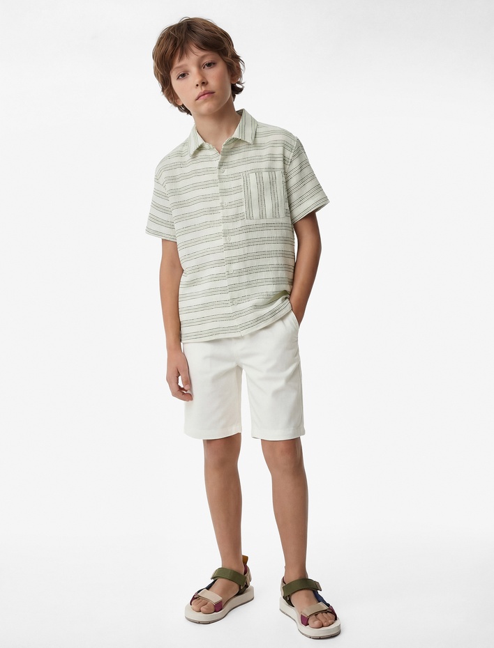 Erkek Çocuk Pamuklu Cepli Kısa Kollu Devrik Yaka Çizgili Gömlek