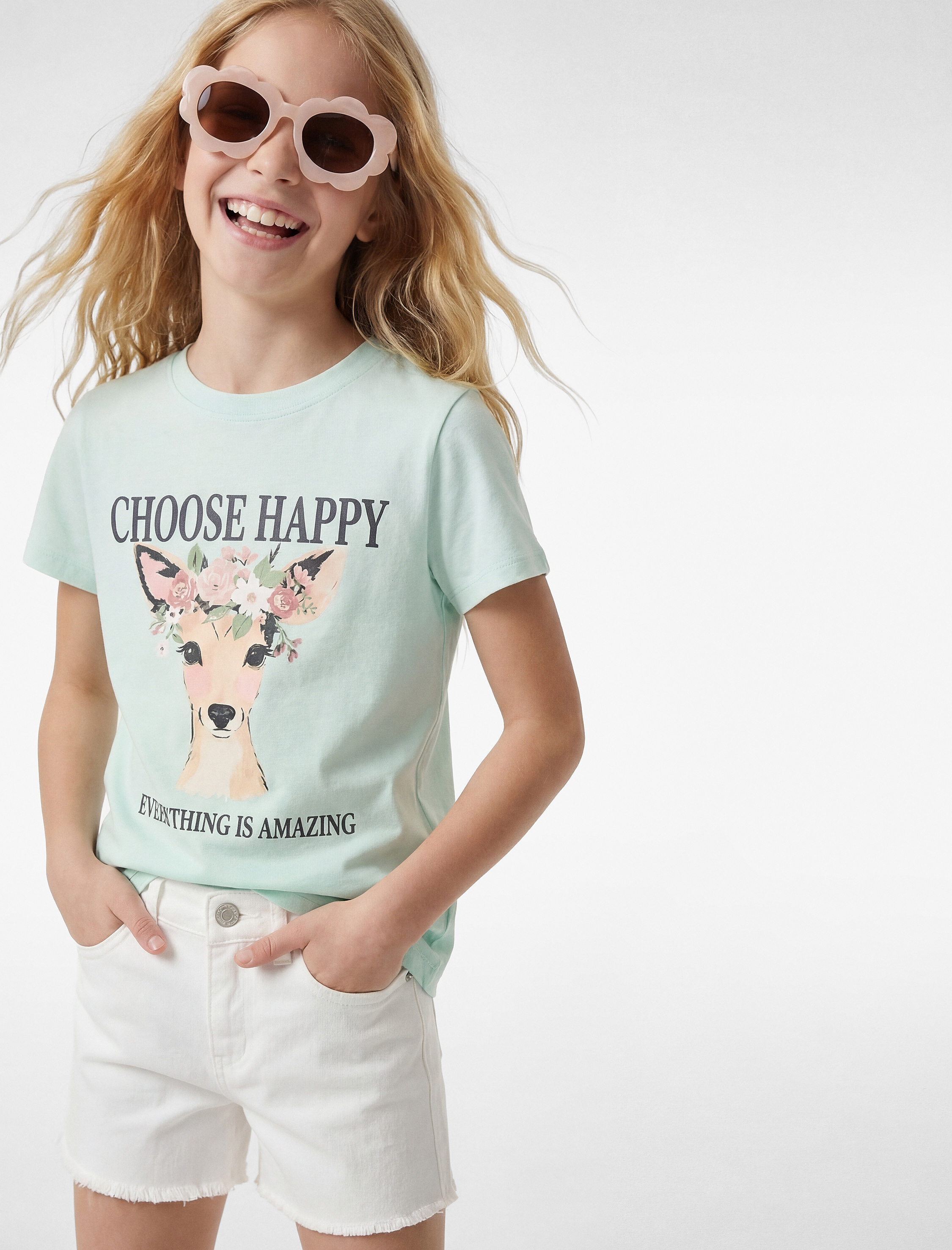  Kız Çocuk Baskılı Kısa Kollu Bisiklet Yaka Pamuklu Tişört