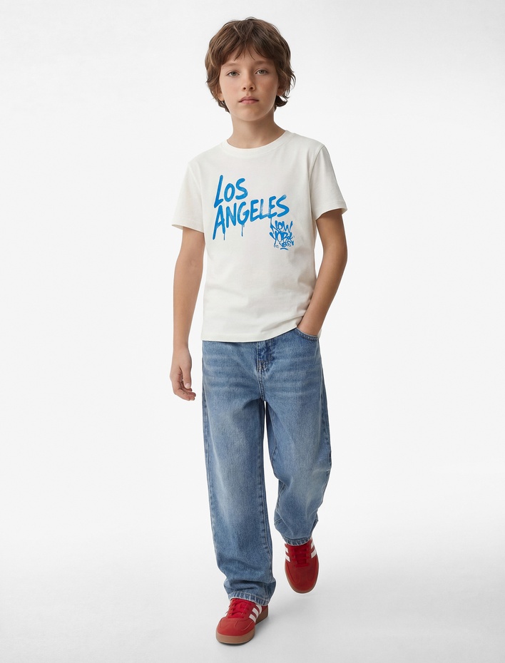 Erkek Çocuk Bisiklet Yaka Kısa Kollu Baskılı Pamuklu Tişört