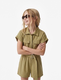 Kısa Kollu Gömlek Yaka Kapaklı Cepli Kuşaklı Modal Tulum