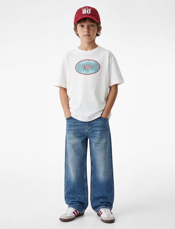 Erkek Çocuk Bisiklet Yaka Kısa Kollu Pamuklu Baskılı Tişört