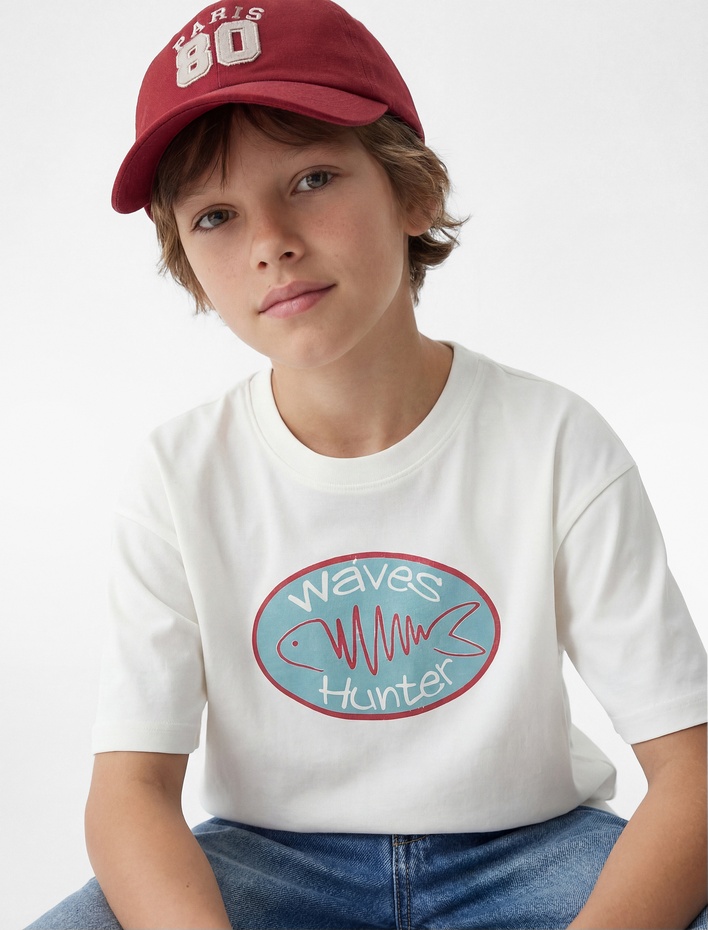 Erkek Çocuk Bisiklet Yaka Kısa Kollu Pamuklu Baskılı Tişört