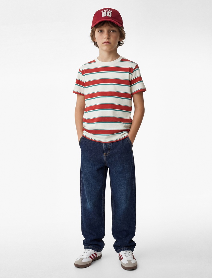Erkek Çocuk Pamuklu Kısa Kollu Bisiklet Yaka Çizgili Tişört