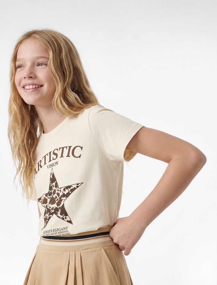 Kız Çocuk Pamuklu Kısa Kollu Bisiklet Yaka Yıldız Baskılı Tişört