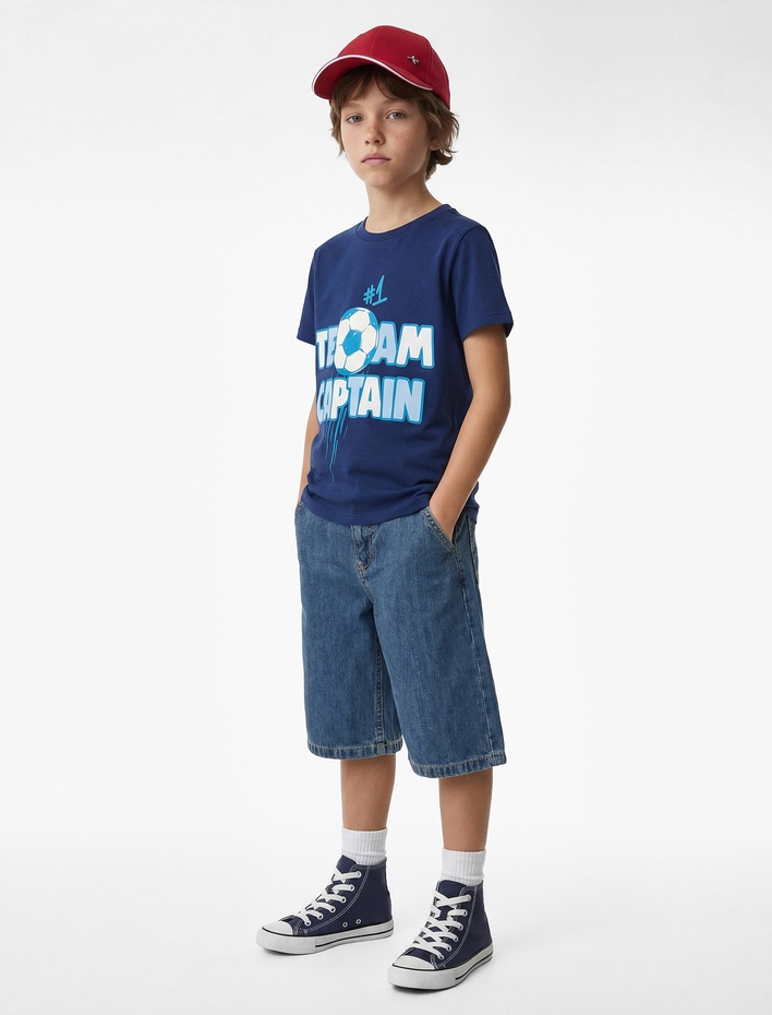 Erkek Çocuk Pamuklu Bisiklet Yaka Kısa Kollu Futbol Temalı Baskılı Tişört