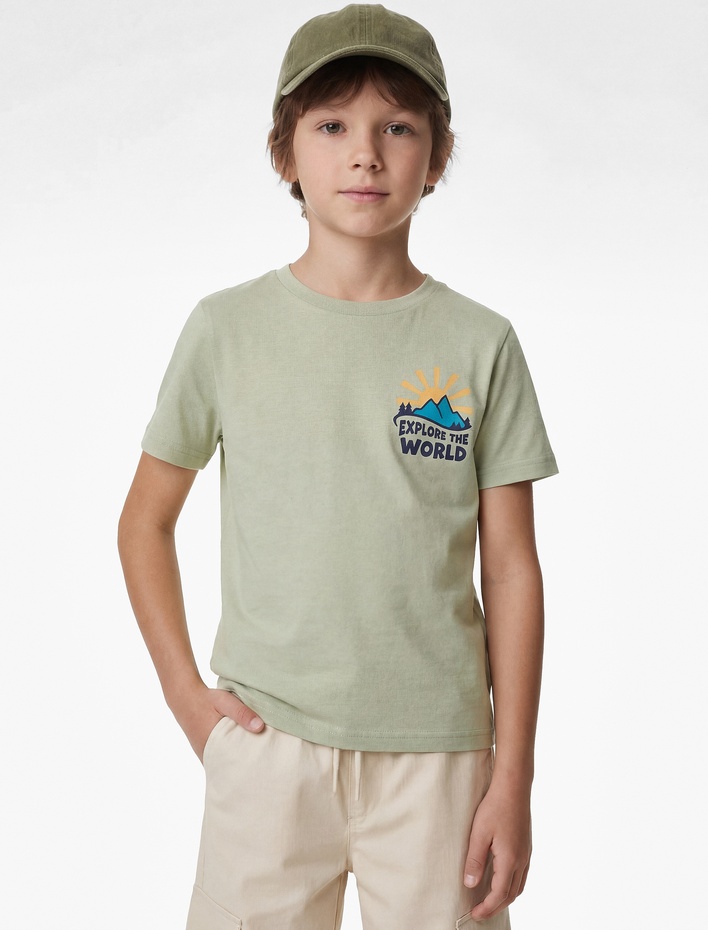 Erkek Çocuk Pamuklu Baskı Detaylı Kısa Kollu Bisiklet Yaka Tişört