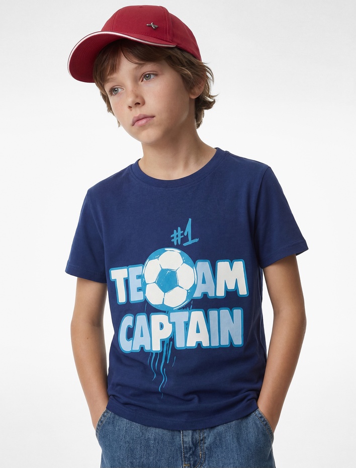 Erkek Çocuk Pamuklu Bisiklet Yaka Kısa Kollu Futbol Temalı Baskılı Tişört