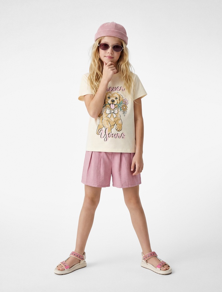 Kız Çocuk Pamuklu Uzun Kollu Bisiklet Yaka Köpek Baskılı Tişört